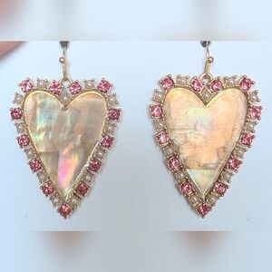 Gold Heart Statement Earrings w/ Iridescent Shell & Pink Stones